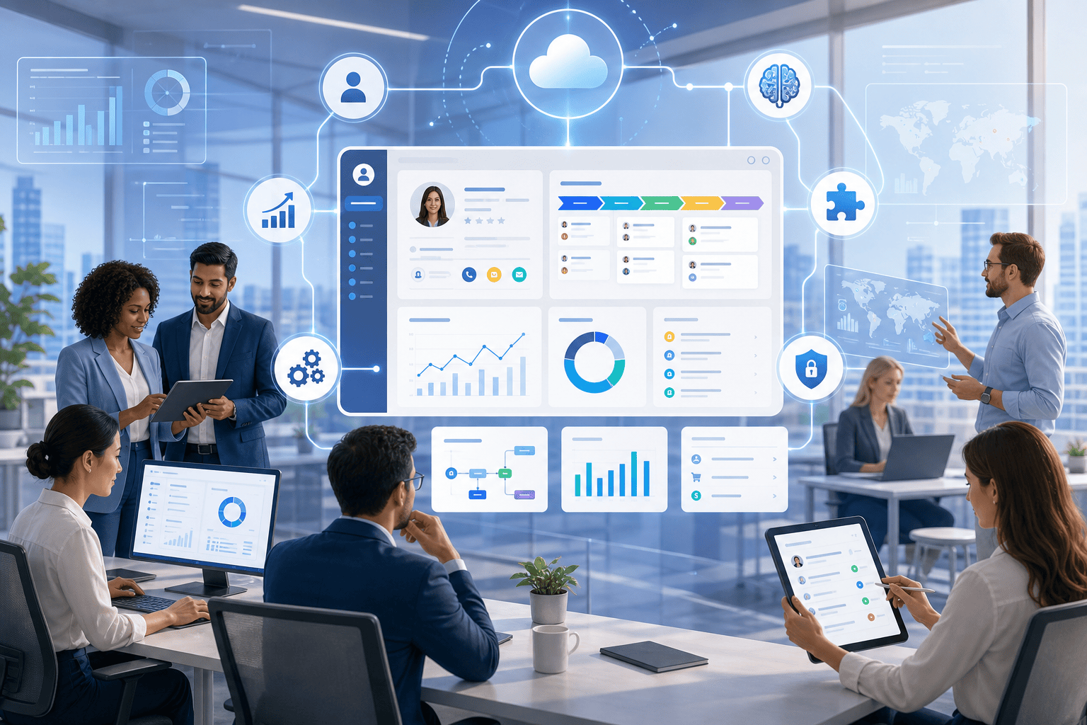 Business team reviewing a cloud-based analytics dashboard with charts, workflow panels, and security icons